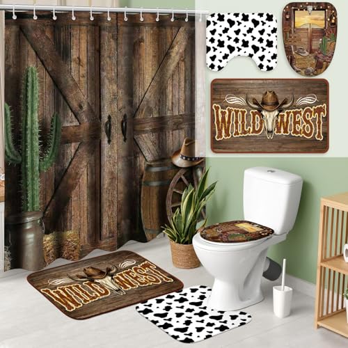 Teenyyou 4 Pcs Christmas Cowboy Shower Curtain Set with Rug