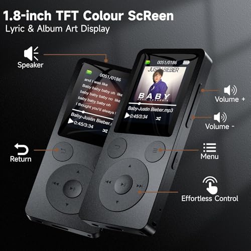 64GB MP3 Player Bluetooth 5.3 & Lautsprecher – Upgrade mit physischen Tasten (Zurück, Menü, Lautstärke), Nur 37g mit Kopfhörer FM Radio Diktiergerät Mini-Design HiFi-Sound, bis zu 128G