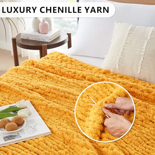 L'AGRATY Chunky Knit Blanket Throw: 72''x84'' Chenille Chunky Knitted Throw Blanket for Bed Couch - Handmade Thick Big Cable Knit Blanket - Large Chunky Crochet Rope Blanket for Home Decor(Yellow)