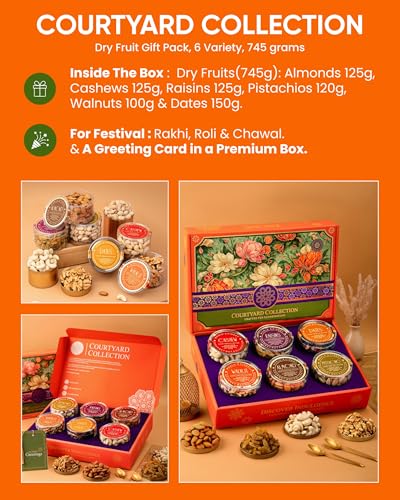 Image of Hyperfoods Rakhi With Dry Fruits 745g RawFruit Courtyard Collection Pack of 6 Dry Fruits Gift Box Rakhi Combo Set for Brother DryFruits Gift Pack DryFruits Combo Pack