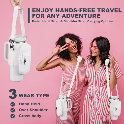 Image of Water Bottle Carrier Bag with Phone Pocket for Cream Stanley 40 oz Tumbler with Handle, Cream Insulated Neoprene Cup Holder Pouch Strap for Stanley Cup Accessories