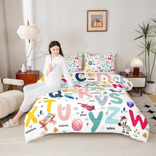Image of Feelyou Cartoon Alphabet Comforter Set Twin, ABC Alphabet Bedding Set for Kids Cute Educational Alphabet Comforter Learning Educational Duvet Set 2Pcs