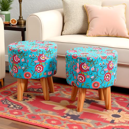 Image of NACIA Printed Ottoman Stools for Home Printed Ottoman Stool Set of 2 Bench for Living Room for Sitting Wooden Round Foot Rest Pouf for Home Decoration Pouffes for Dressing Table 16 inchx18 inch Blue Leaf