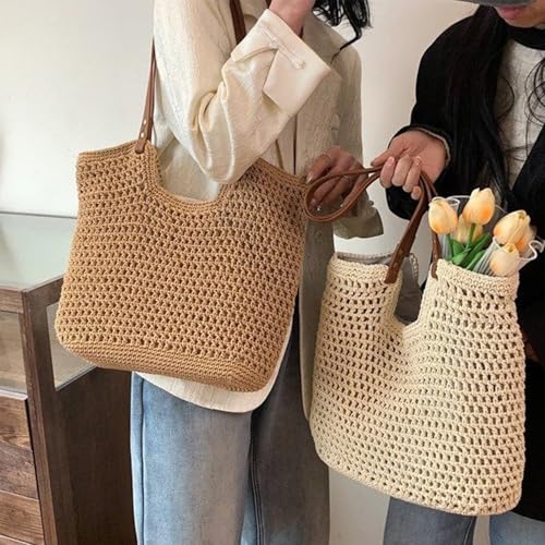 Bolso Hobo Multifuncional de Paja para Verano con Asas de Cuero miniatura 6