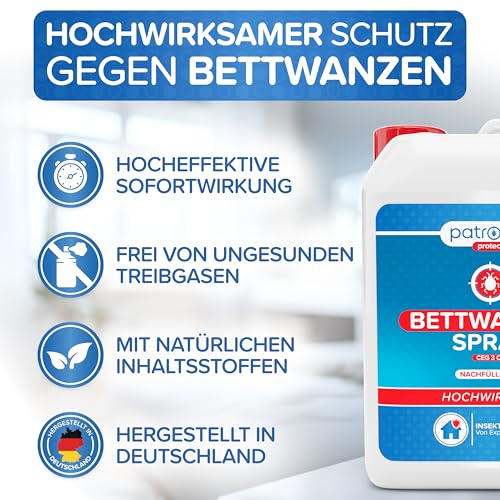 Patronus Bettwanzen-Spray zur effektiven Bettwanzen-Abwehr 3 Liter - Sofortschutz-Mittel gegen Bettwanzen - mit dezentem Eukalyptus/-Zitrusduft - hochwirksam & laborgeprüft