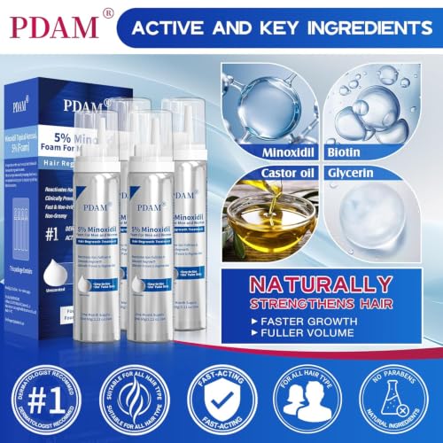 Image of PDAM 5% Minoxidil for Men and Women Foam - Clinically Proven to Regrow Thinning Hair, Topical Hair Loss Treatment, Maximum Strength Foam for Thicker & Fuller Hair, 4 Month Supply (4 x 2.11 oz)