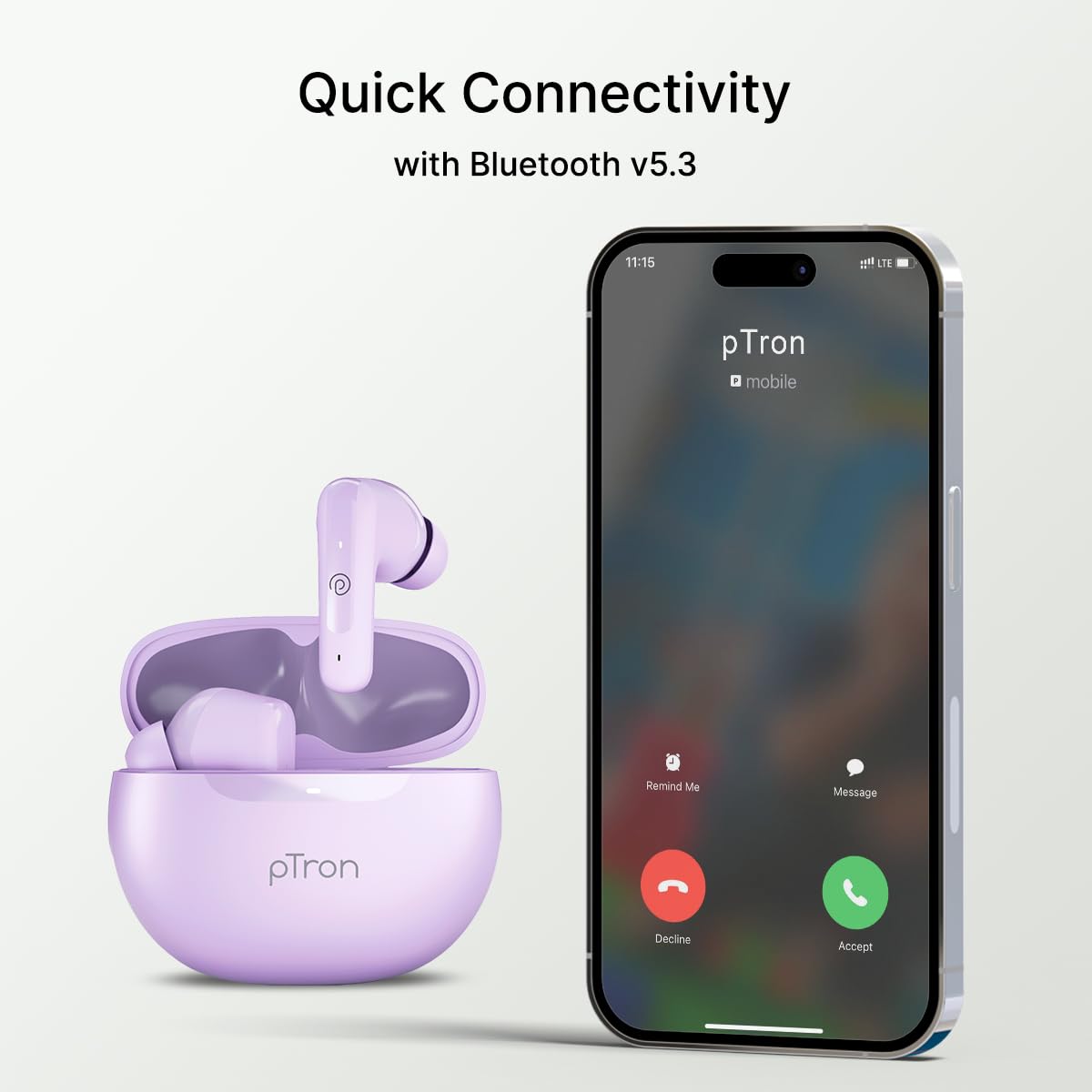 pTron Bassbuds Astra in-Ear TWS Earbuds w/Stereo Sound, 50Hrs Playtime, Stereo Calls, Custom EQ, Mobile App, BTv5.3 Headphones, Touch Control, Voice Assistant, Type C Charging & IPX4 (Lilac) — Amazon image 8