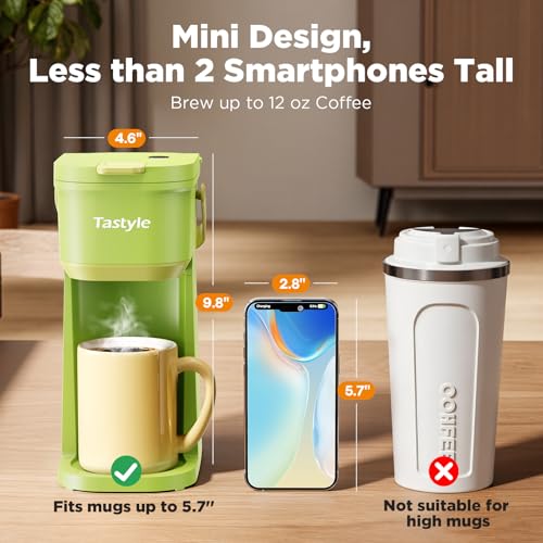 Image of Tastyle Single Serve One Cup Coffee Maker, for K Cups and Grounds, Mini Coffee Maker with Portable Handle, 6 to 12 Oz Brew Size, for Travel, Camping, Office, RV and Dorm, 120V, Lime Green