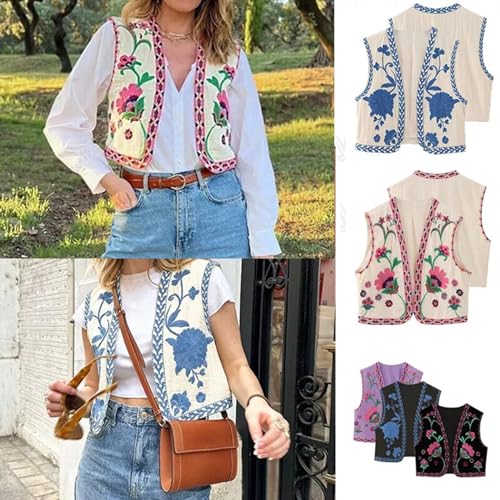 Vintage Floral Embroidered Vest, Women Y2k Open Shirt Fashion Crochet Flower Cropped Waistcoat2