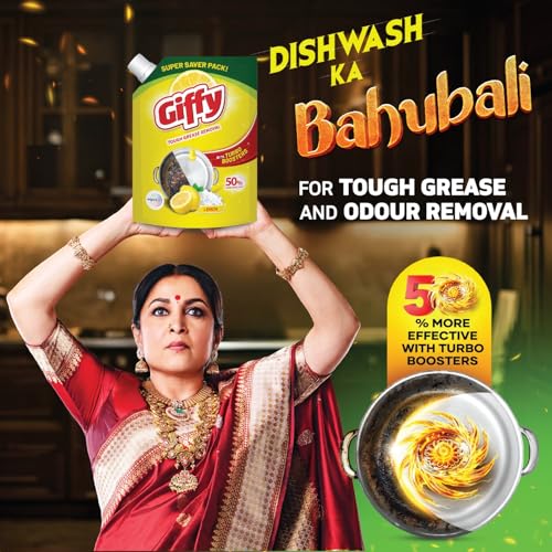 Image of Giffy Liquid Dishwash Gel 2 Litre | Lemon and Active Salt | 50% More Effective | Tough Grease Removal Expert | Turbo Boosters | Mild fragrance | Removes Tough Malodour | Hand-Safe