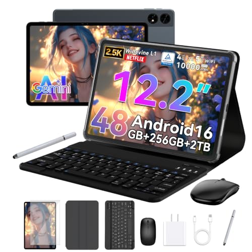 Image of 2026 upgrated 12 inch Tablet, Android 16 Tablet with Keyboard, 2K QHD Display for High-Res Gaming /Art /Productivity,with Wideline, 48GB+256GB+2TB, 5G WiFi /Octa-Core /10000mAh /GMS /GPS-4-year Warranty