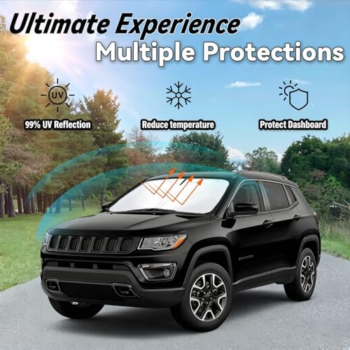 Image of Car Front Windshield Sun Shade for Compass 2017-2023, Car Window SunShades Shield Cover Sun Visor Protector with 240T Reflective Fabric UV & Sun Heat Protection Accessories