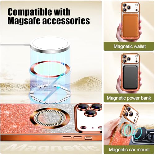 Image of Misscase for iPhone 17 Pro Max Magnetic Glitter Case Compatible with MagSafe,Full Protection Slim Shockproof Anti-Scratch Case with Camera Lens Protector Plating Bling Dust-Proof Net Orange