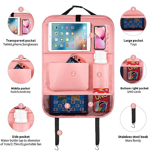 Image of LUCMO Car Backseat Organizer with Foldable Tablet Holder, Pink | 2 Pcs,6 Storage Pockets,Foldable Food Tray,Protectors Kick Mats,Travel Accessories,Seat Cover,Road Trip Essentials