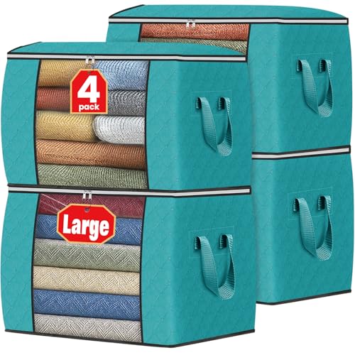 Image of Fab totes 24 Gallons Clothes Storage, Foldable Thick Fabric Blanket Storage Bags, Containers for Organizing Bedroom, Closet, Clothing, Comforter, Organization with Handle (4 Pack,Green)