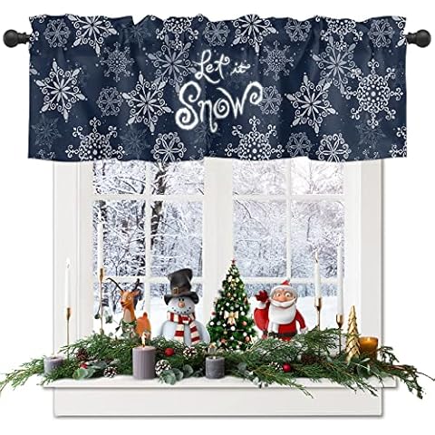 Christmas Valances for Windows Snowflake Winter Christmas Kitchen Curtain Valances Rod Pocket Blue Window Curtain Let it Snow Topper Curtains Seasonal Valance Christmas Decor 1 Panel,60 x 18 inches Cover