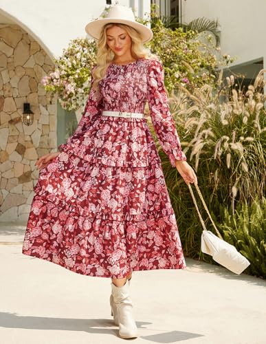 GRACE KARIN Women's Floral Midi Dress 2025 Long Sleeve Fall Elegant Smocked Tiered Flowy Wedding Guest Dresses with Pockets2