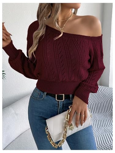 SOLY HUX Sweaters for Women Off The Shoulder Long Sleeve Hollow Out Knit Pullover Sweater Tops4
