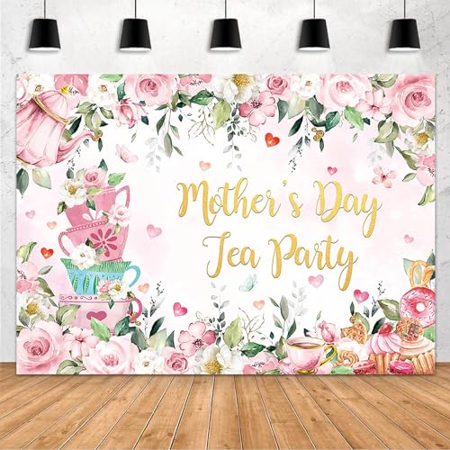 MEHOFOND 7x5ft Mother's Day Tea Party Backdrop Pink Floral Mother's Day Photography Background Tea Party Theme Decorations Banner Pink Floral Mothers Day Photo Booth Backdrop