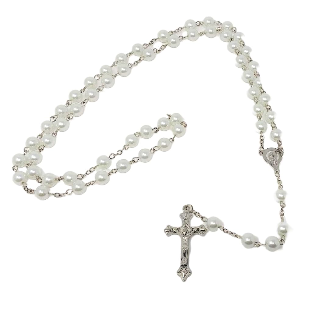 Catholic Rosary with 8mm White Glass Beads, Silver Tone Chain and Crucifix, Traditional Prayer Beads for Daily Devotion and Meditation