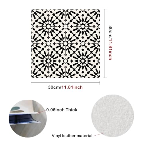 Image of Nuxovilar Peel and Stick Vinyl Floor Tiles, 12x12 Inch | Black & White Geometric Floral Pattern, Self-Adhesive Flooring (10 Pcs)