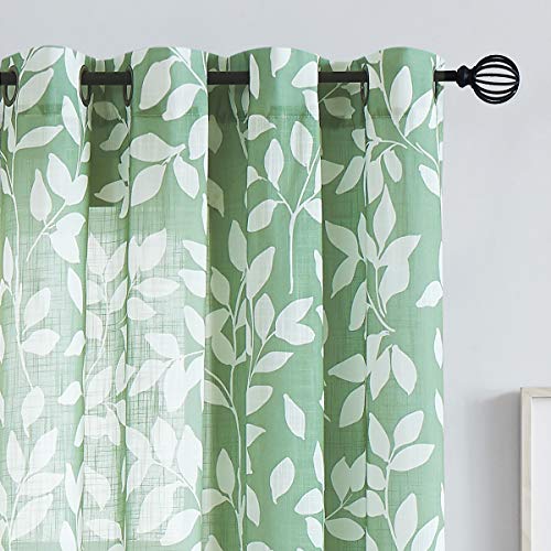 Image of Treatmentex White Green Curtains for Living Room 72 inch Length Leaf Print Semi-Sheer Curtains for School Bedroom Windows, Grommet Top, 2 Pack