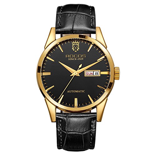 Image of ROCOSJEWE Skeleton Mechanical Watch for Man - Luxury Analog Wrist Watch for Men with Genuine Leather Band, Waterproof Classic Black Watches for Man RW0101