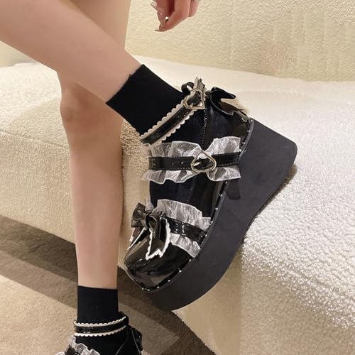 Parisuit Womens Kawaii Lolita Shoes Goth Mary Jane Wedge Heels Platform Pumps Round Toe Bow Cosplay Shoes4