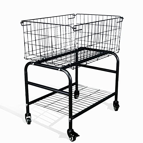 HENNZE-Rolling Laundry Basket on Wheels,Garment Storage and Room Organize Wire cart,Clothes Hamper with Large capcity,Color Black, Garment Dry Metal cart(1, Black)