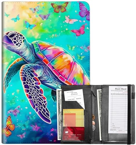 Server Books for Waitress, Waitress Book with Elastic Bandage Closure PU Leather Organizer with Zipper Money Pocket Fit Server Apron, Colored Turtle Butterfly
