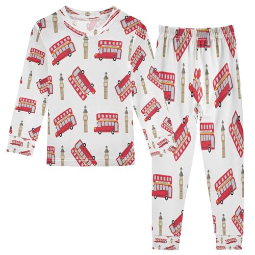 Vozoza Red London City Bus Pajama Sets Long Sleeve Top with Pants Cotton Soft Sleepwear 2 Piece Pjs Set Size 4T