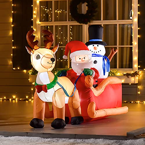 HOMCOM Papá Noel hinchable con trineo y reno 200 cm, 5 luces LED integradas, autoinflable eléctrico, impermeable y duradero, decoración navideña de interior y exterior