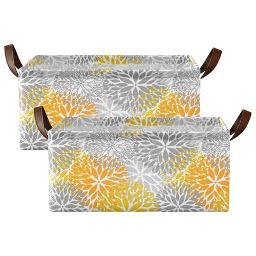 Fygkptb Orange and Grey Chrysanthemum Flowers Floral Pattern 2 PC Rectangle Foldable Frame Basket Leather Handles Storage Bin for Laundry Bathroom Organizer 16.9 x 11.4 x 7.7 inch