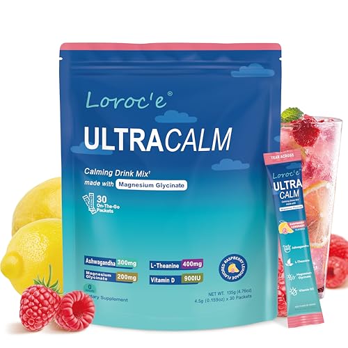 UltraCalm Super Cortisol Drink with Magnesium Glycinate Ashwagandha L-Theanine Vitamin D3 Magnesium Powder for Sleep & Stress Relief Raspberry Lemonade (30 Servings)