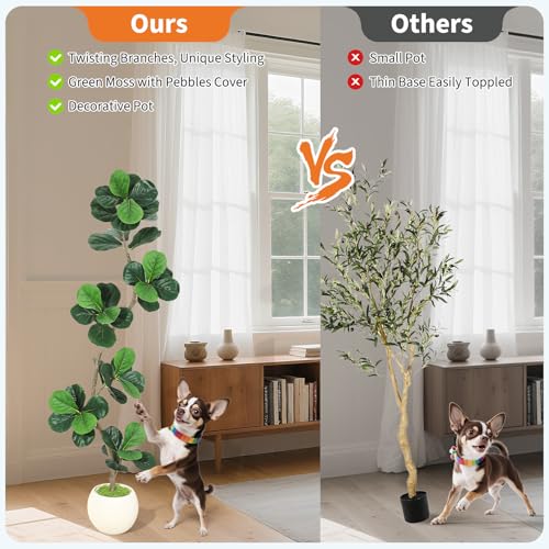 GarveeHome Fiddle Leaf Fig Artificial Tree with White Planter,6ft Faux Plants Indoor with Moss, Fake Rubber Tall Fake Floor Plant in Pot - Artificial Trees for Home Office Living Room Decor