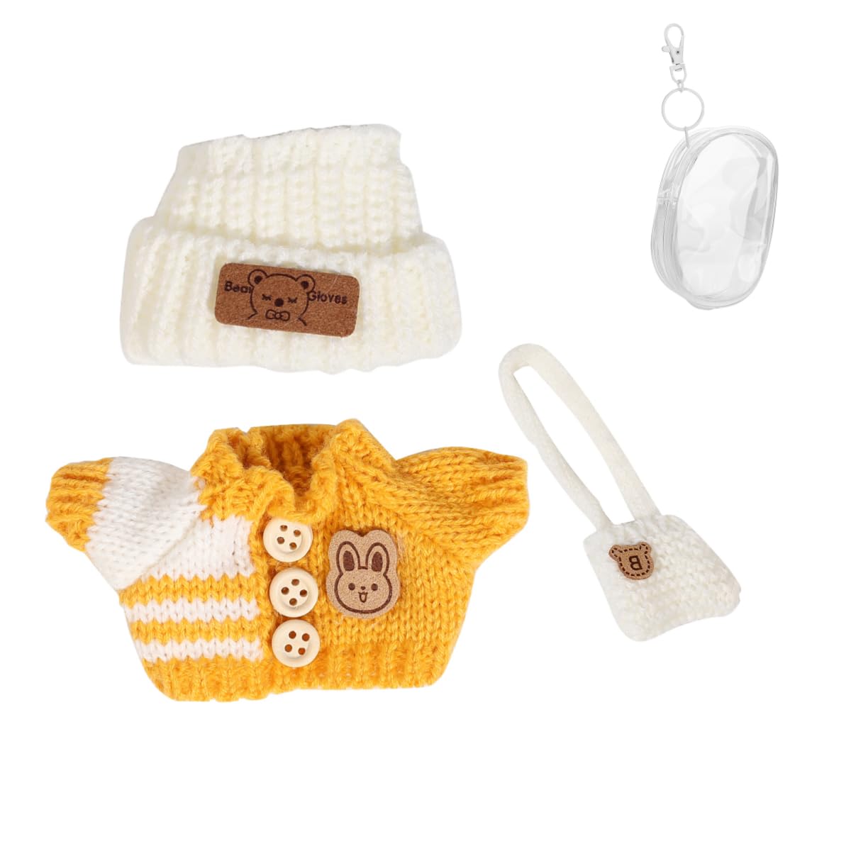 Clothes Set for 17cm Doll, Hat Suit Ornaments Accessories Set for Any 17cm/6.7inch Doll[With Clothes Storage Bag] (White Hat/Yellow Coat/White Bag)