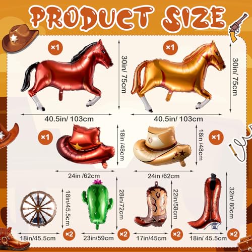Image of VioraWhite 12 Pcs Western Balloons Foil Horse Racing Rodeo Horseshoe Cowboy Cowgirl Boots Hat Cactus Wagon Wheel Brown Balloons for Summer VBS First Rodeo Birthday Wild Western Horse Party Decorations