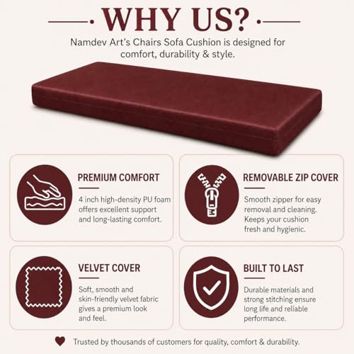 Image of Chairs Sofa Cushion Pu Foam with Zip Cover 4 Inch Thickness, Long Bench Seat Pad, Garden Bench Cushion with Removable Cover 3-Seater Sofa Foam (Brown, 60x18)