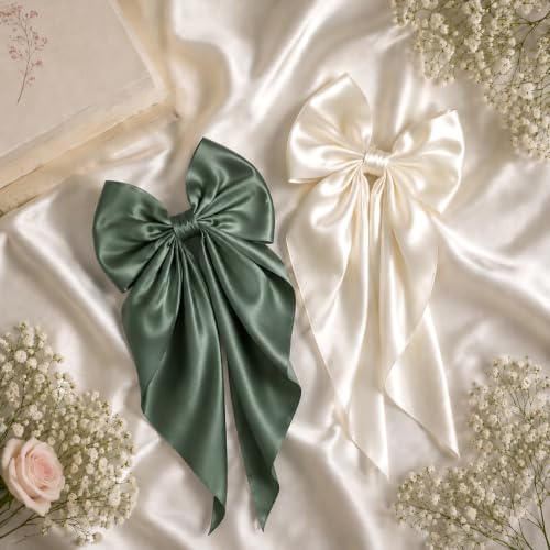 Image of 2 Pack Off White and Green - Hair Bows, Bow Clips for Women - Hair Clips, Luxury Satin Hair Bow Clips for Girls, Hair Clip - Cute Hair Accessories for Girls