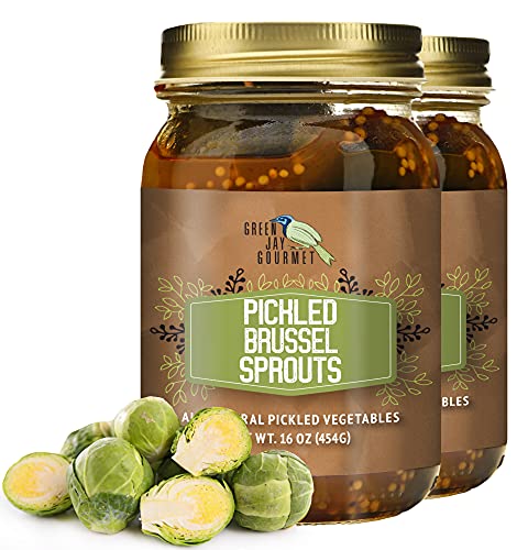 Green Jay Gourmet Pickled Brussel Sprouts in a Jar - Fresh Hand Jarred Vegetables for Cooking &amp; Pantry – Home Grown Pre-Prepared Pickled Brussel Sprouts – Simple Natural Ingredients - 2 x 16 Ounces