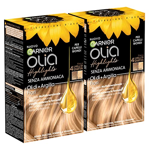 Garnier Olia Highlights Tratamiento Decolorante para Cabello Rubio Fórmula Vegana Sin Amoniaco ni Siliconas con Aceites Florales y Arcilla 4 Niveles de Aclarado Resultado Natural - 2 Paquetes