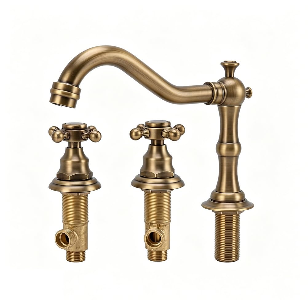 Antique Brass Bathroom Sink Tap 3 Hole Traditional Basin Mixer Tap