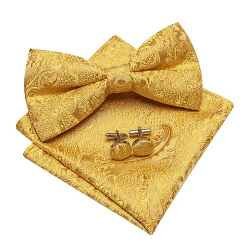 Image of YOHOWA Mens Bow Tie Set Paisley Pre-tied Bowties Adjustable with Handkerchief Cufflinks Gold Ring Set Wedding Prom Party