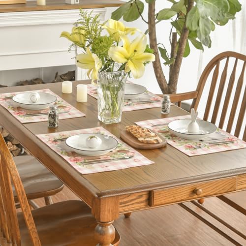 Artoid Mode PLACEMAT-EASTER-4PC-3045-028 Bunny Rabbit Flowers Pink Buffalo Plaid Easter Placemats Set Of 4 thumb #3
