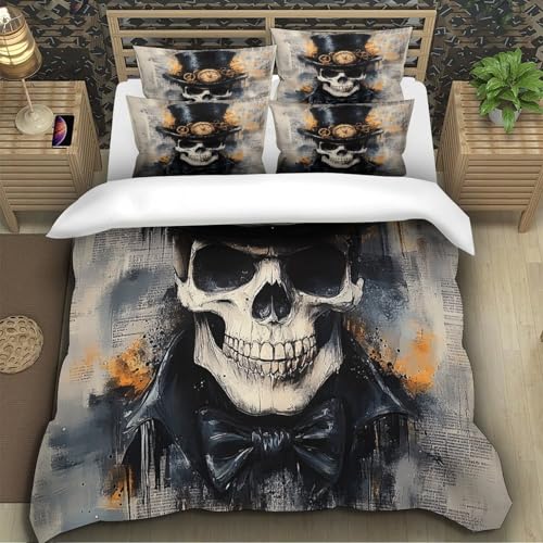 Linge de lit microfile 135x200 cm avec housse de couette tête de mort 3D - 4