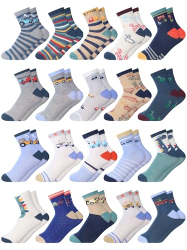 20 Pair Cartoon Socks for Boys Toddler Car Dinosaur Patterned Sport Round Neck Boys Dress Socks - Main Image