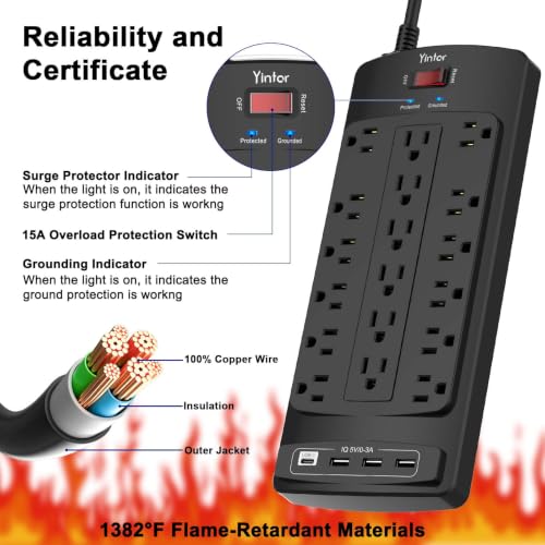 Image of Surge Protector Power Strip, Yintar 6 Feet Flat Plug Heavy Duty Extension Cord with 18 Widely Outlets and 4 USB Ports, 2100 Joules, ETL Listed, Black