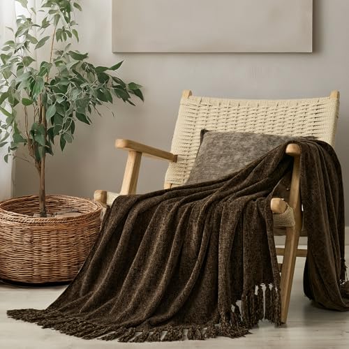 EverGrace Soft Chenille Throw Blanket for Couch, Cozy Plush Fuzzy Decorative Chenille Knit Throw Blanket with Tassels, Lightweight Blanket and Throws for Bed Sofa Gift Home Decor, Dark Brown 50"x60"