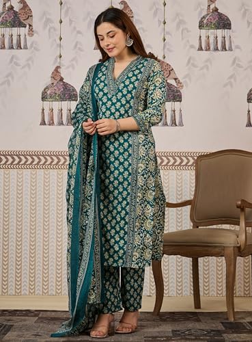 Image of Arayna Women's Cotton Printed Kurta Set with Pants & Dupatta | Elegant Ethnic Wear for Women | Floral Print | Comfortable Suit Set