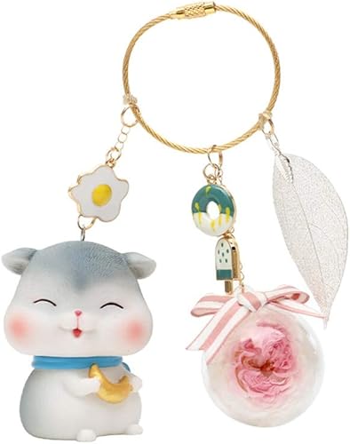 BAUBUY Rosa preservada - Caja de regalo de flores preservadas, llavero de rosa real preservada, aniversario, mejor amiga, novia, festival, colgante